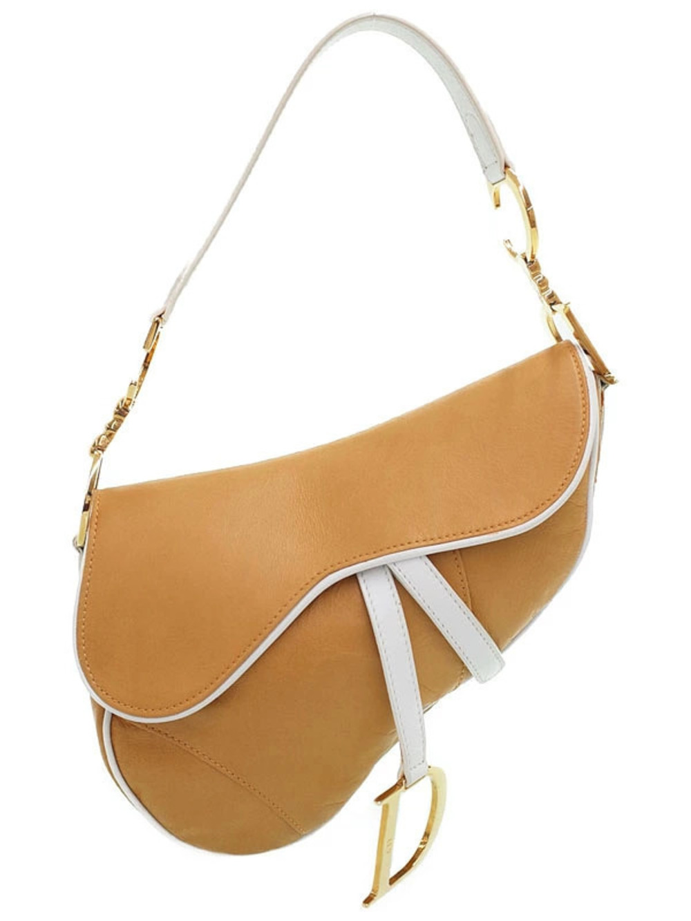 Christian Dior camel Brown white leather Saddle Bag
